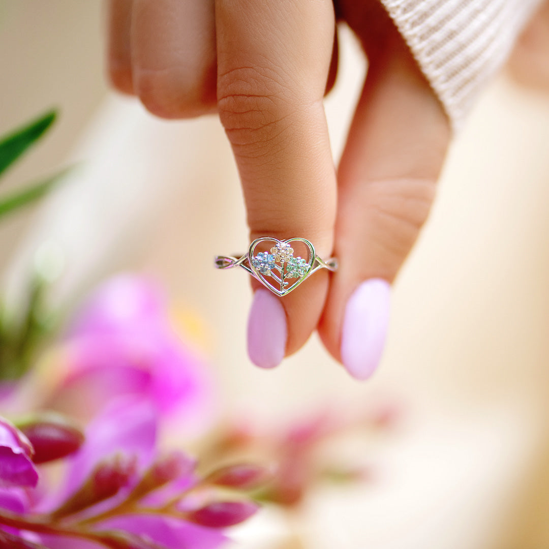 Mammas hjärtslag 1-5 Födelsestenar Blomma Hjärta Ring