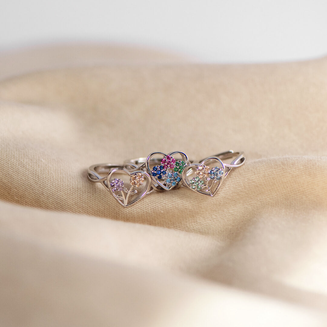 Mammas hjärtslag 1-5 Födelsestenar Blomma Hjärta Ring