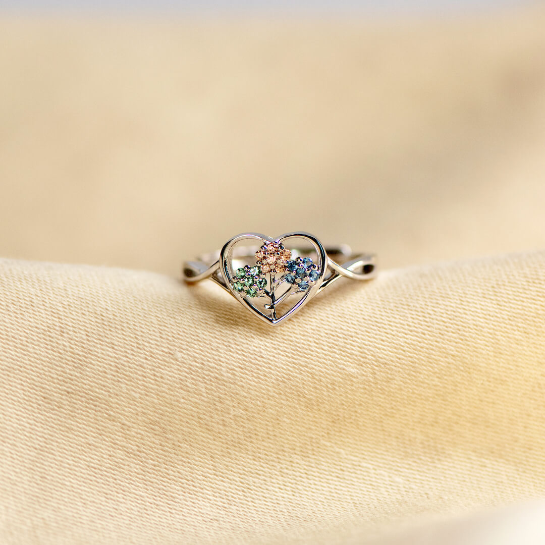 Mammas hjärtslag 1-5 Födelsestenar Blomma Hjärta Ring