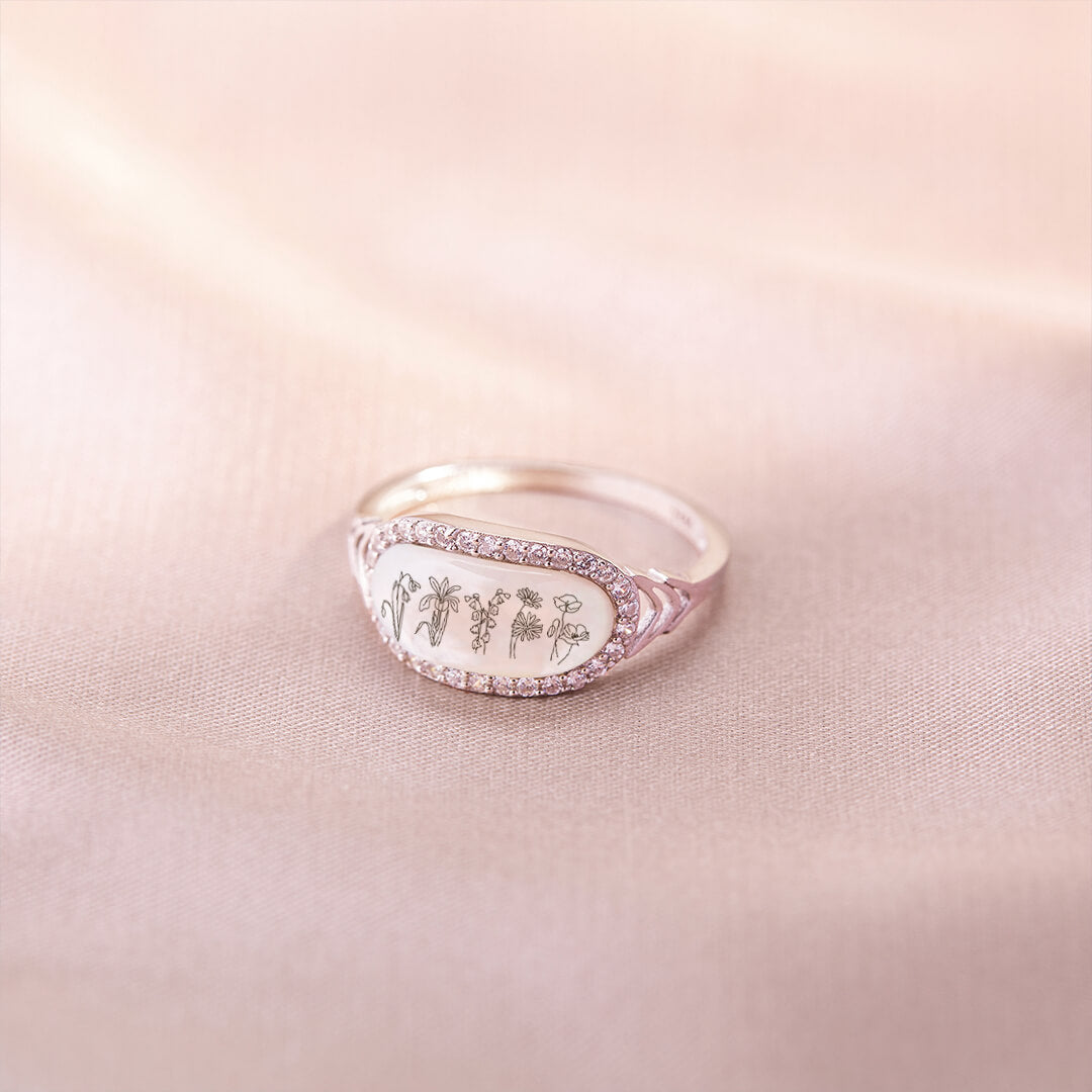 Family Wildflowers Garden Graverad Birth Flowers Shell Ring
