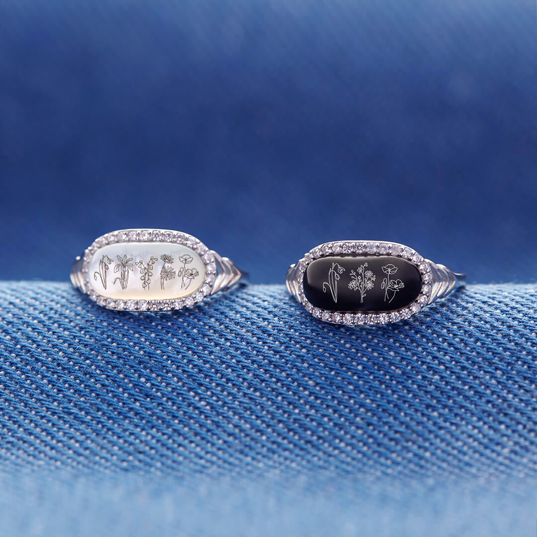 Family Wildflowers Garden Graverad Birth Flowers Shell Ring