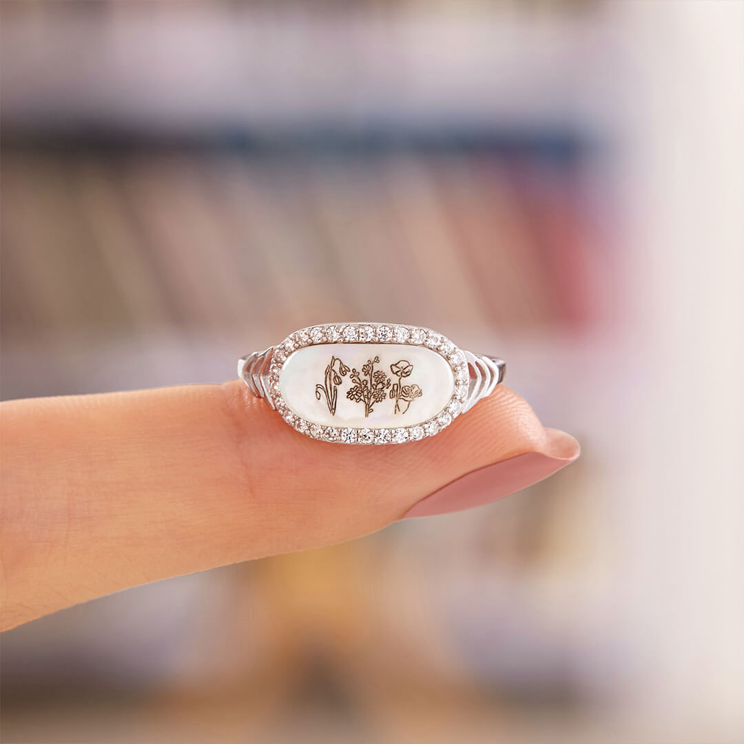Family Wildflowers Garden Graverad Birth Flowers Shell Ring